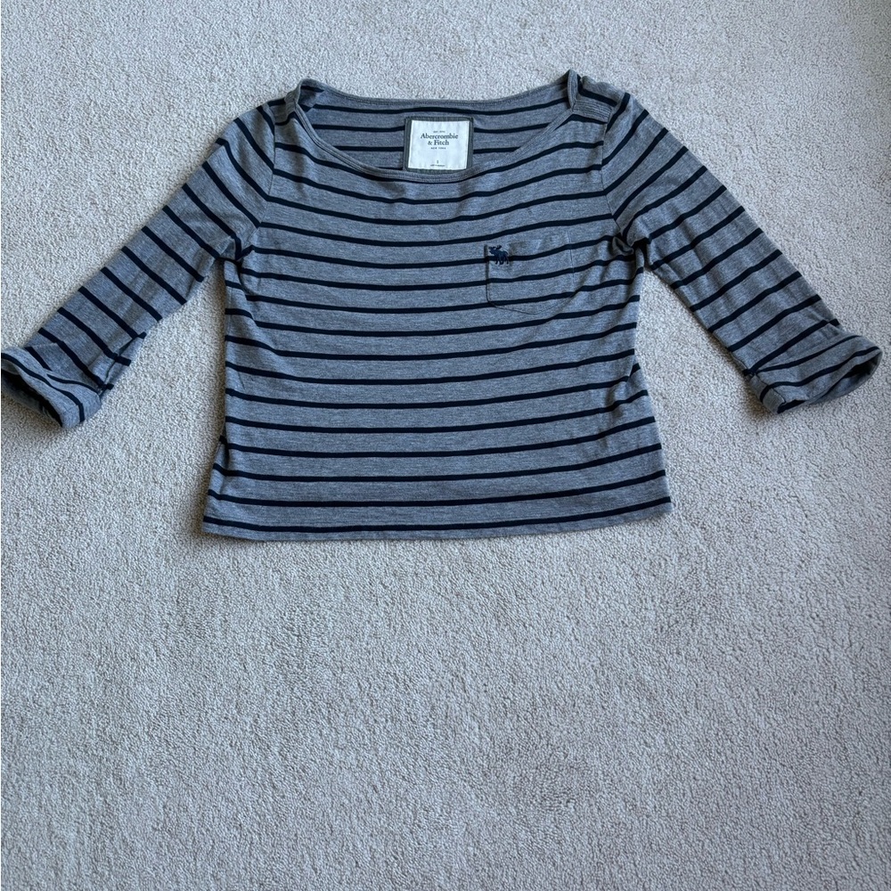 Abercrombie & Fitch Gray and Navy Striped Long Sleeve Tee